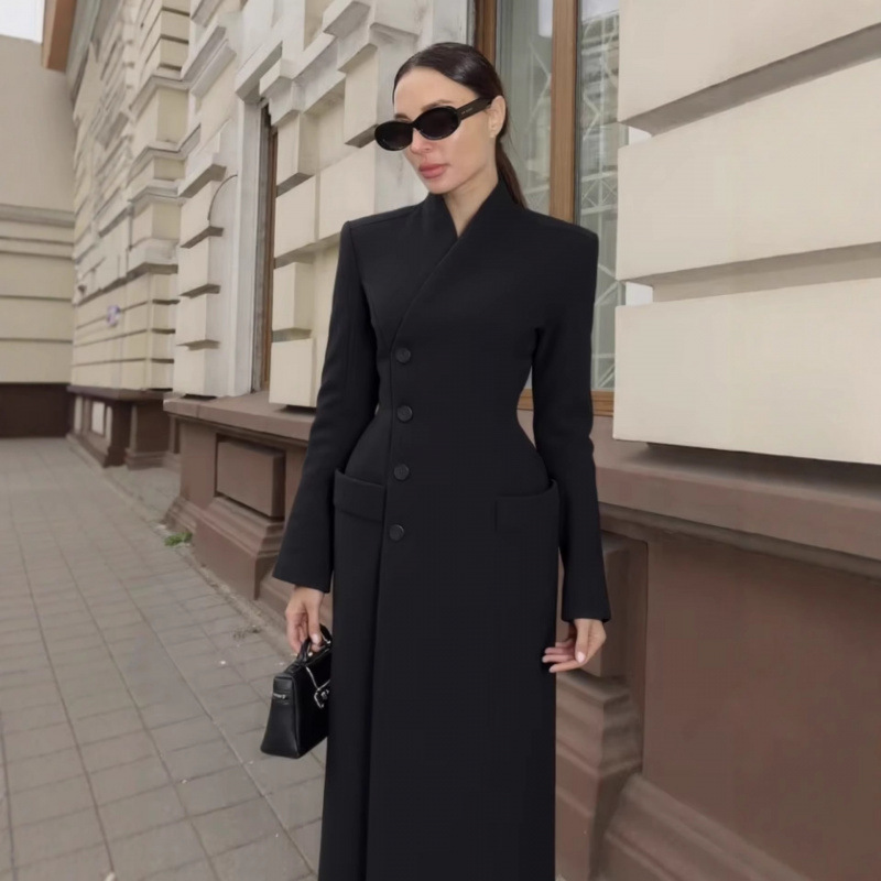 Cross-Border European and American Fashion Aliexpress Ins Hot-Selling Black Long Elegant Waist-Cinching Slim-Fit Coat with a High-End Feel