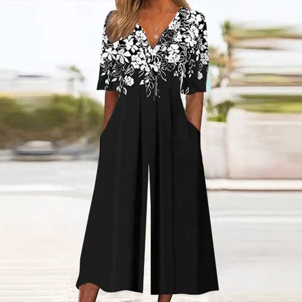 2025 New Cross-Border Foreign Trade European and American Clothing Independent Station Spring and Summer Popular Printed Pocket V-Neck Jumpsuit