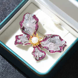 珠宝款高档轻奢微镶锆石胸针复古红刚玉色蝴蝶别针淡水珍珠配饰女