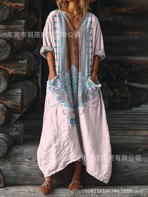 2025新款独立站女式复古花卉艺术图案印花口袋V领口袋连衣裙2|undefined