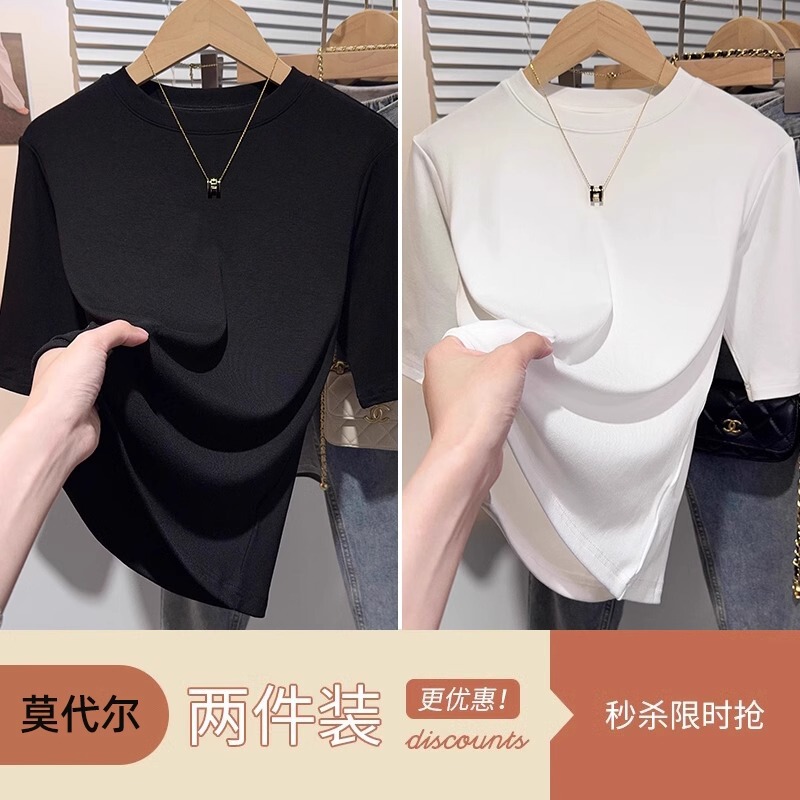 モーダル黒正肩中袖tシャツ女性夏春ねじ半袖丸襟修身五分袖底上着|undefined