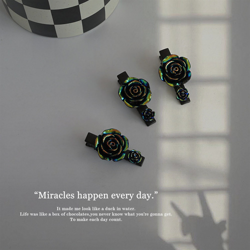 Dark Mode Sweet Cool Rose Hair Clips, Edgy Harajuku Girl, Black Y2K Laser Hair Accessories, Side Clips