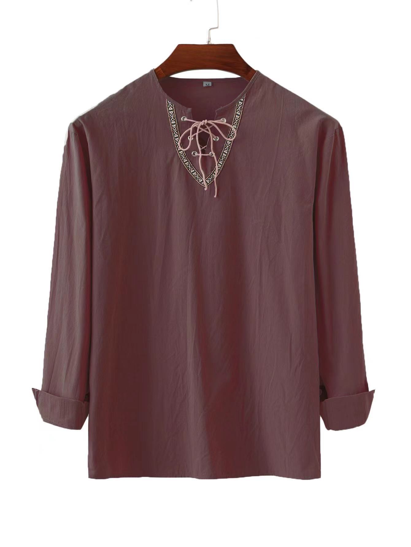 2023 primavera y otoño transfronterizo nuevos hombres europeos y americanos sueltos color sólido cordón camisa de manga larga algodón y lino soporte collar camisa de los hombres