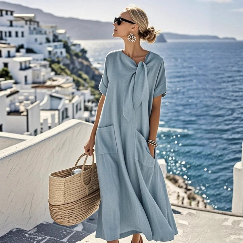 2025 European and American Summer New Style Bomi Style Elegant Tie-Neck Dress Elegant Commuter Long Skirt