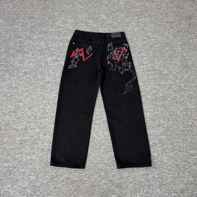 derschutze American-style graffiti embroidered arrow jeans for men and women, loose straight-leg high street retro casual pants derschutze American-style graffiti embroidered arrow jeans for men and women, loose straight-leg high street retro casual pants