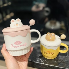 Cute cartoon coffee bear ice cream ceramic cup with lid and spoon for girls, home breakfast oat cup, mugs