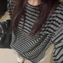 2025新款秋季打底衫美式复古条纹T恤女宽松慵懒风内搭长袖上衣女