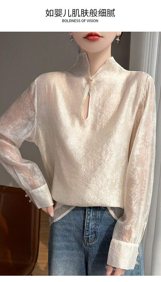 Áo sơ mi nữ cổ đứng tay dài vải Tencel mỏng nhẹ kiểu chui đầu — Màu hồng, Màu trắng, màu đen chi tiết 13