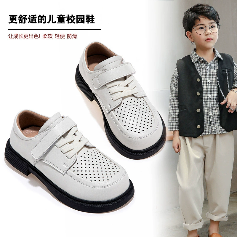 Черные экспортные кожаные туфли для мальчиков и девочек, детские модельные туфли с маленьким цветком для девочек, белые туфли для начальной и средней школы