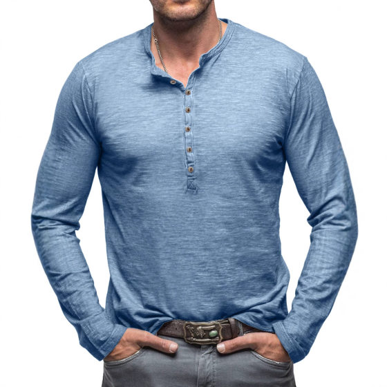 2024 Autumn and Winter Cross-border Men's Wear Foreign Trade Men's Long-sleeved T-shirt Outdoor European and American Men's Henry Shirt Slub Cotton Top
