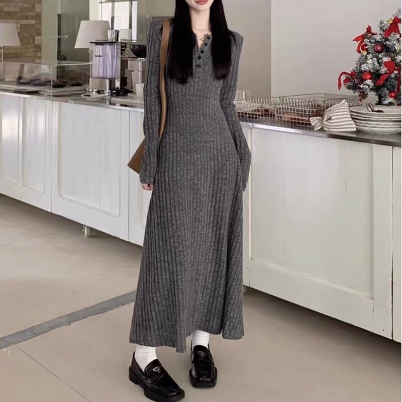 Retro simple all-match knitted long sleeve dress women's spring waist slimming A- line skirt autumn and winter New bottoming dress