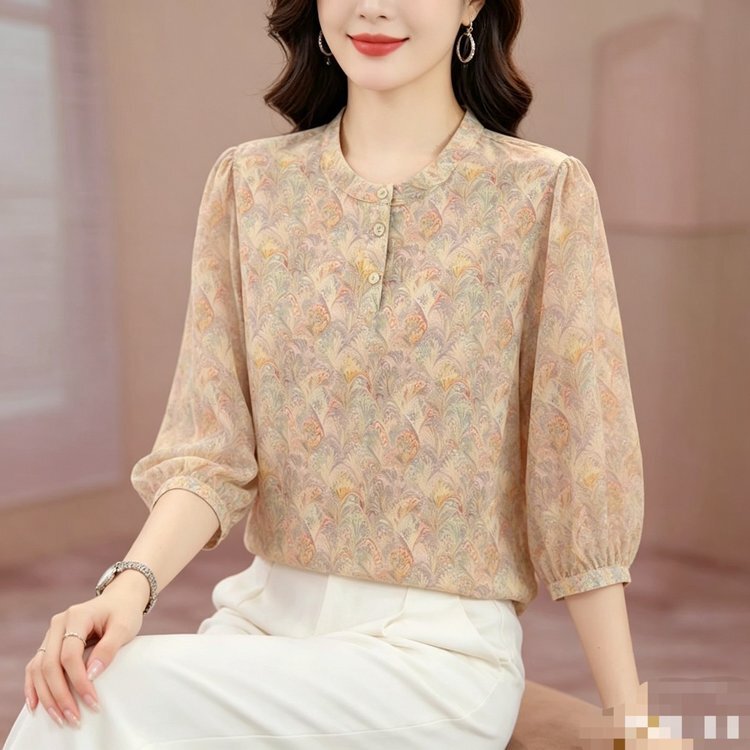 Elegant Style Printed Three-Quarter Sleeve Shirt for Women, 2026 Spring/Summer Loose Pullover, Age-Reducing and Slimming Top