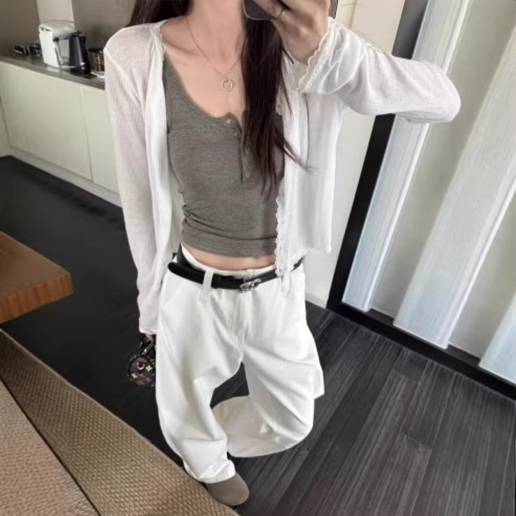 Elegant Lace Patchwork Soft Sun-Protective Knit Cardigan for Women, New Summer Lightweight Versatile Blouse Top