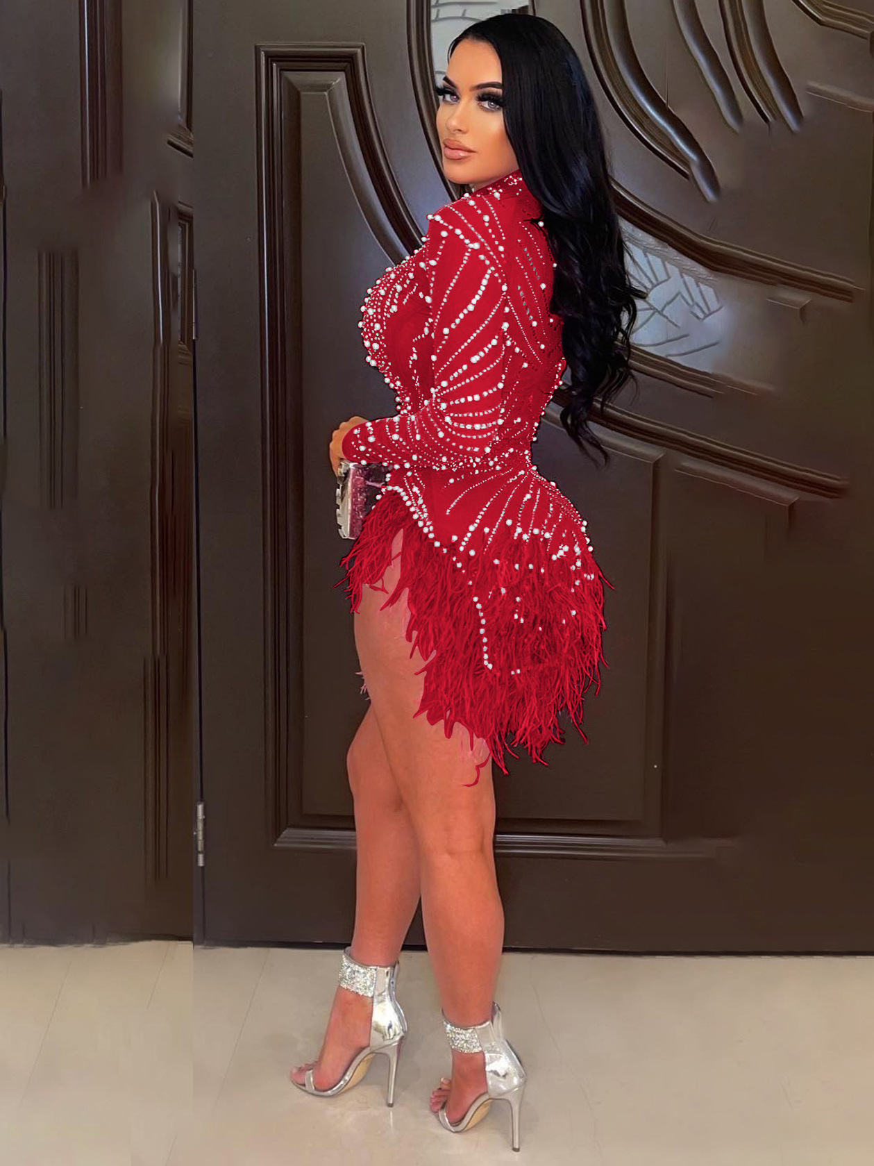 Damenbekleidung Damen Hot Diamond Dress Sexy Hollow Tight Dress Mesh Fur Rock_voghion.com