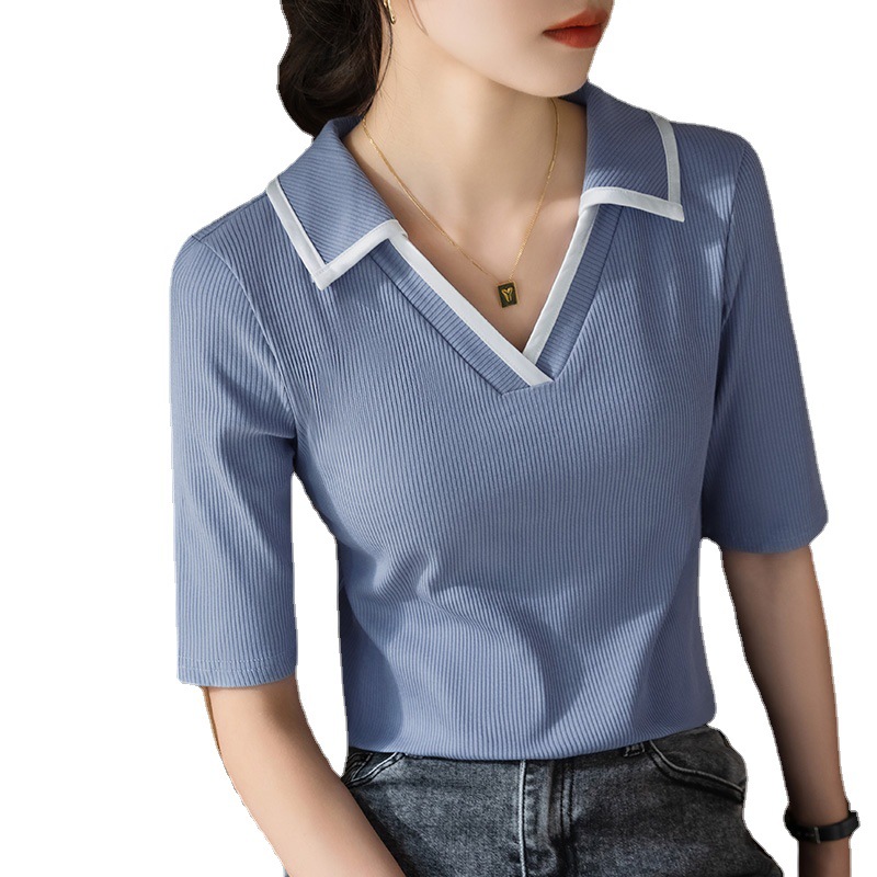 Camiseta modal de manga corta para mujer verano 2023 nueva camiseta de manga media con cuello de polo de color de contraste para mujer temperamento Top ajustado a la cintura image 6