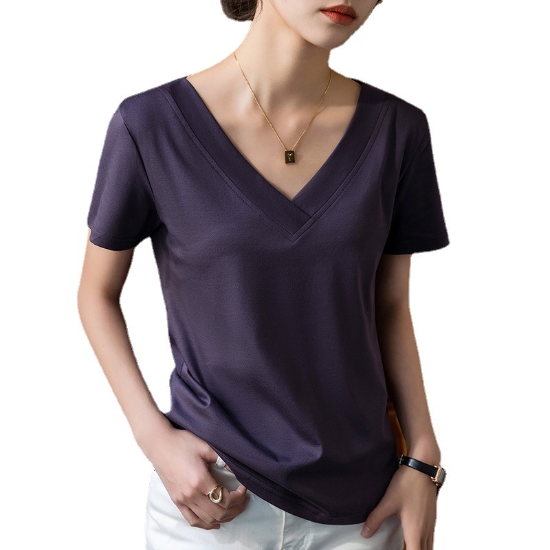 Camiseta de manga corta de algodón mercerizado con tacto helado para mujer, nueva colección de ropa femenina para el verano de 2025, camiseta de algodón puro con cuello en V de borde ancho, top elegante que realza la figura. image 6