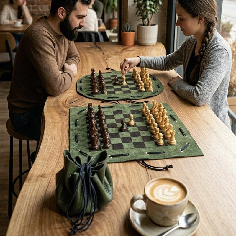 Leather drawstring chessboard storage bag, portable foldable chessboard and pieces all-in-one storage pouch, customizable Leather drawstring chessboard storage bag, portable foldable chessboard and pieces all-in-one storage pouch, customizable