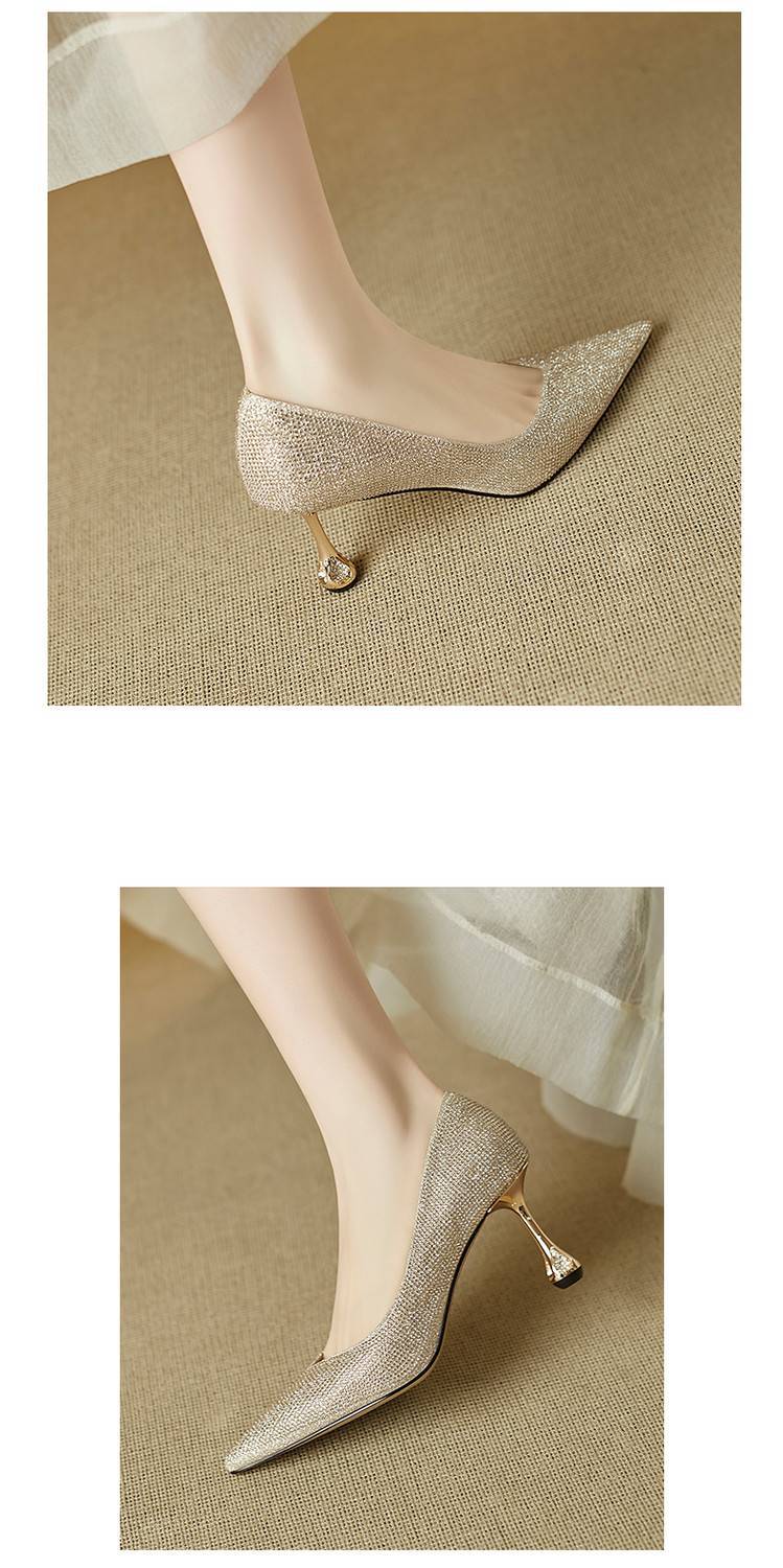 Giày cao gót nữ mũi nhọn gót 9 cm pha lê lấp lánh màu sâm panh — Màu đen chi tiết 11