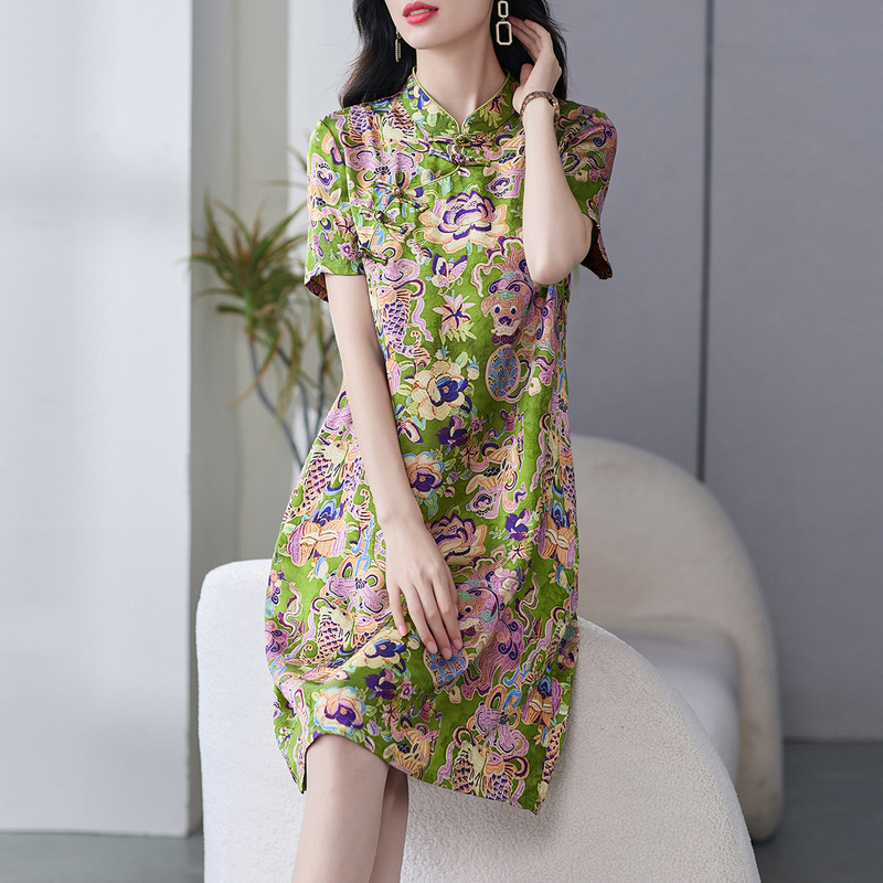 69566 Fashionable and Stylish New Chinese Style Stand Collar Improved Cheongsam High-End Floral Red Cloud Gauze Dress for Petite Women