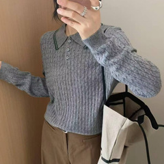 韩系学院风撞色polo领麻花针织衫女秋季新款甜美百搭软糯长袖毛衣