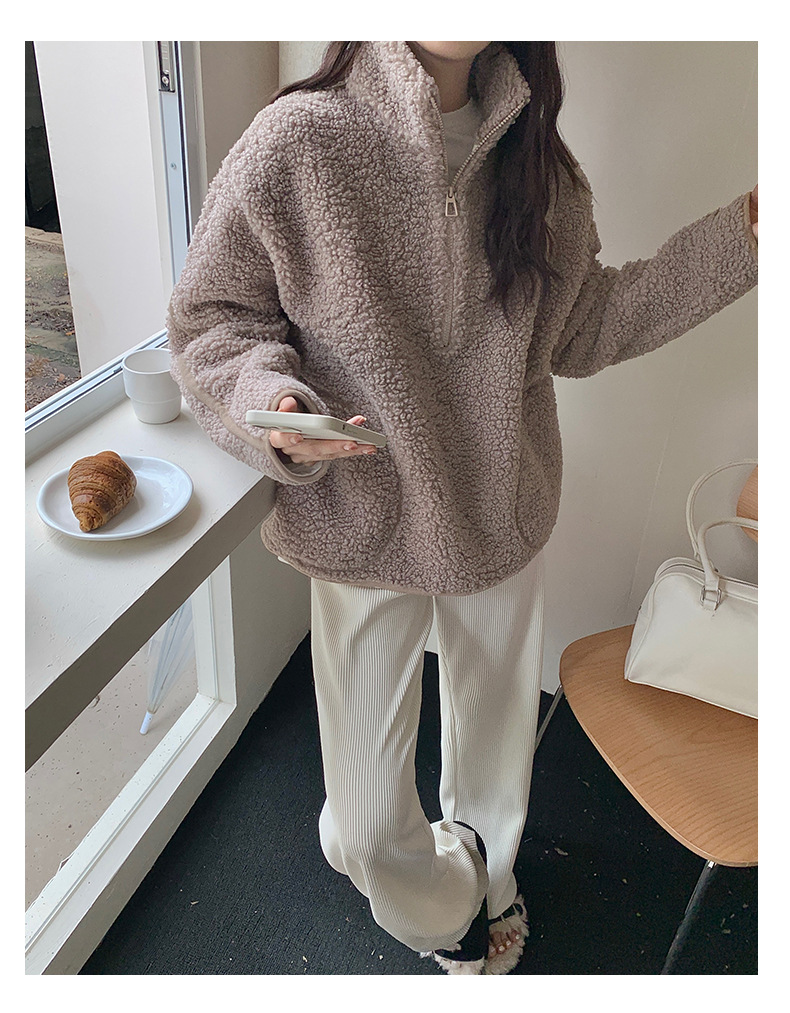 秋冬羊羔绒外套女加绒加厚卫衣套头拉链立领百搭上衣-阿里巴巴