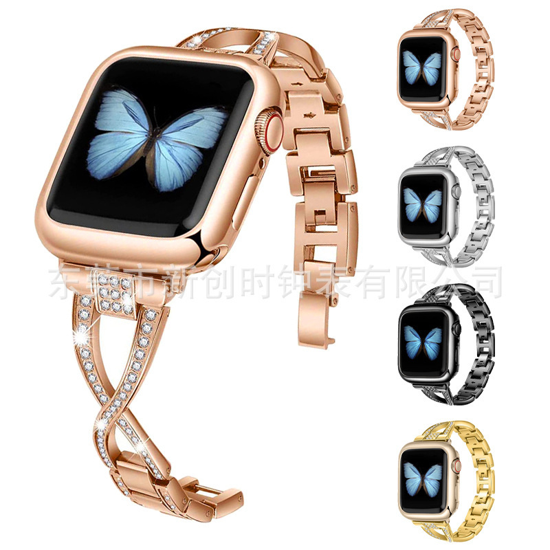 Suitable for Apple Watch Iwatch11-1X Type Diamond-Encrusted Metal Watch Strap Applewatch Strap Wholesale