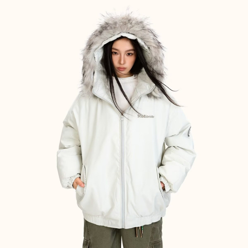 アメリカのレトロな厚手の帽子の毛の襟の綿服の綿服の女性のゆったりした工装の保温のパーカーのコートのファッションの札|undefined