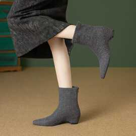 已出图片大货自拍内增高集采支持黑色灰色人造毛绒链子方头布