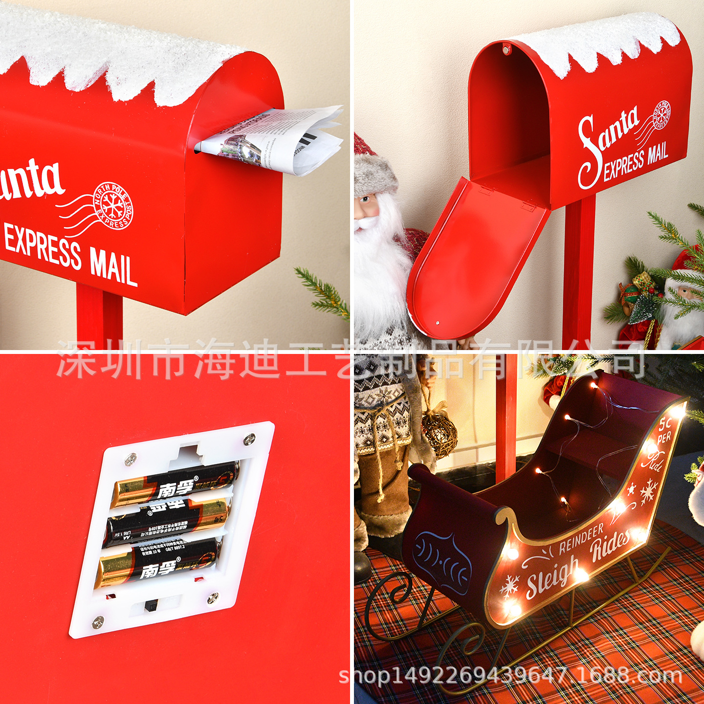 Navidad decoración de madera caja de correo de hierro forjado caja de correo trineo con decoración de luces bar café decoración de puerta de la tienda