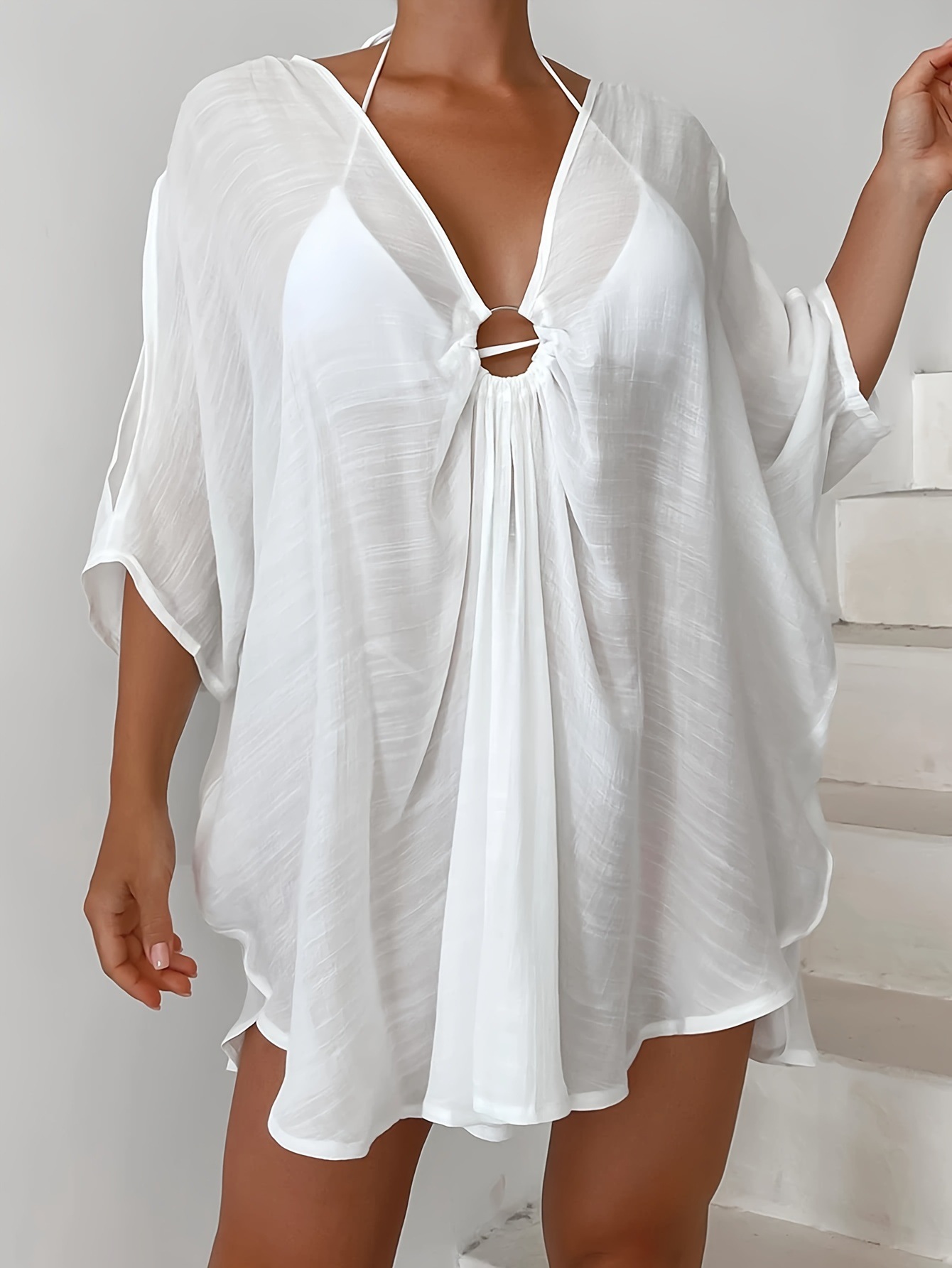 227g Weight Above Knee Dress Length Type Short Sleeve Sleeve Length Women's Solid Color Vacation Cover Ups