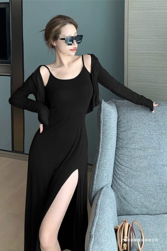 Extra-Long Black Slip Dress, Korean Style Summer Bodycon Dress with Slit + Air Conditioning Jacket