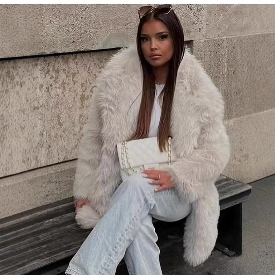 Тёплое зимнее/осеннее пальто средней длины из искусственного меха для женщин, коллекция Amazon AliExpress 2025, европейский и американский стиль.