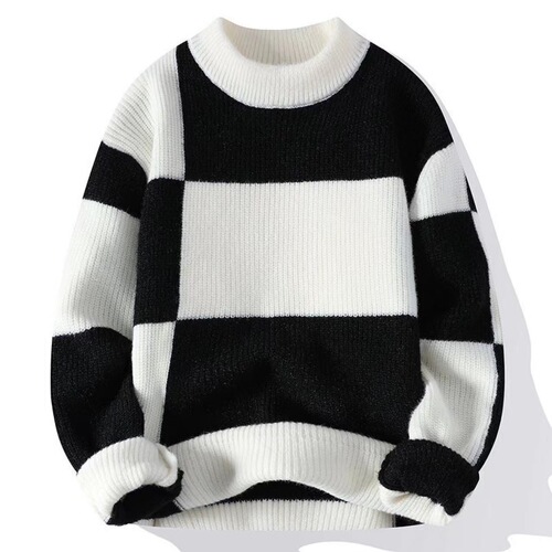 Contrast-color sweater men's round collar winter casual thick men's sweater Hong Kong style new sweater winter warm top