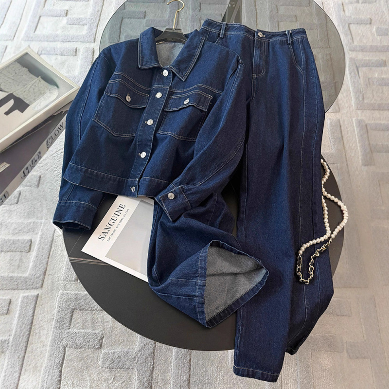 Spring and Autumn New Hong Kong Style Fashion Suit Women's Trendy Blue Jacket Denim Jacket Top Wide Leg Pants Two-Piece Set