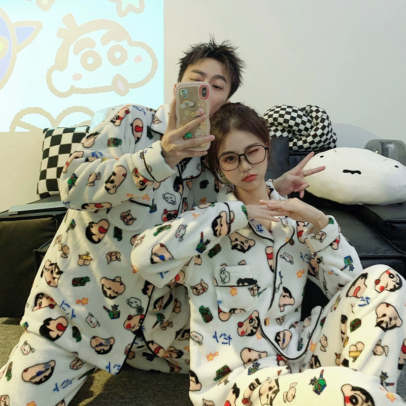 Пижама мужской зимний 2024 новый коралловый бархат осенний и зимний длинный рукав утолщенные бархатные мультфильмы Crayon Shinchan