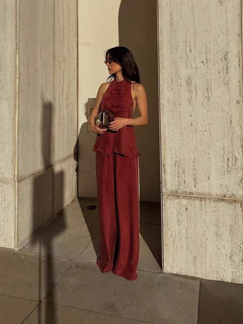 Nuevo estilo transfronterizo europeo y americano comercio exterior ropa de mujer sin mangas cuello redondo color sólido pantalones de pierna ancha temperamento pantalones de traje de moda de viaje image 1
