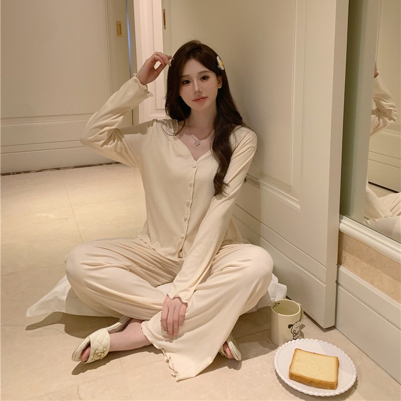 パジャマ春夏秋モーデルコットンセクシー快適vネック長袖長ズボンセットホームウェア