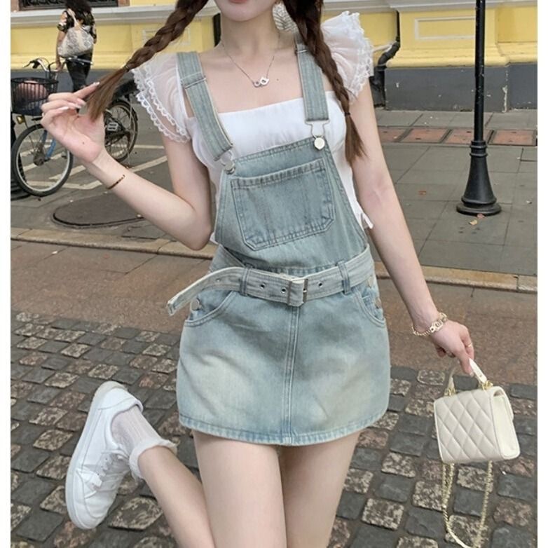 Denim Strap Culottes Women's Summer 2025 New Waist Hip dress Age-reducing Slimming Pear-shaped Loose Skirt