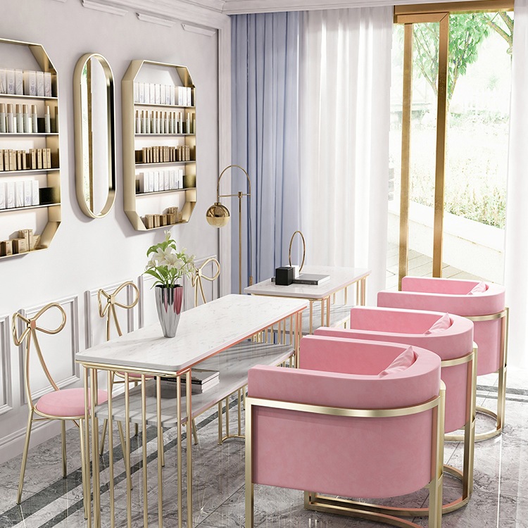 Nórdico de hierro forjado de doble capa de mesa de manicuras de mármol, sofá y silla red, mesa de manicuras de oro para una persona doble