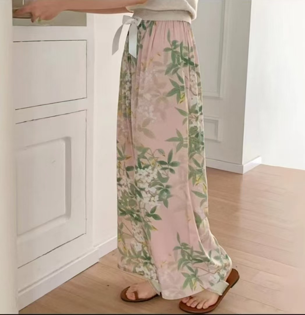 Pijama de seda de algodón para mujer, pantalones anchos de mujer embarazada de seda de algodón con estampado fino de verano