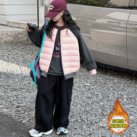 女童轻便羽绒外套秋冬2025新款保暖摇粒绒拼接棒球服学生校服神器