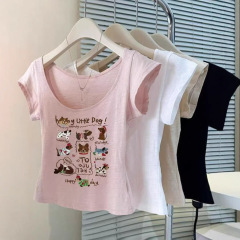 アメリカンレトロカレッジスタイル子犬プリント Tシャツ女性の夏の新しいスリムフィットショートスイートホットガールトップイン
