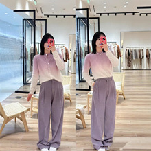 法式两件套装秋冬新款渐变紫色圆领针织毛衣通勤羊毛开衫外套女款