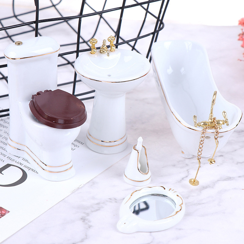 1:12 Doll House Simulation Mini Pure White Gold Ceramic Bathroom Set of 5 Scene Ornaments