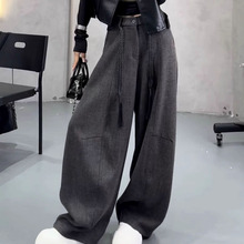 毛呢弯刀西装裤女秋冬2025新款韩版高腰宽松阔脚裤休闲拖地长裤潮