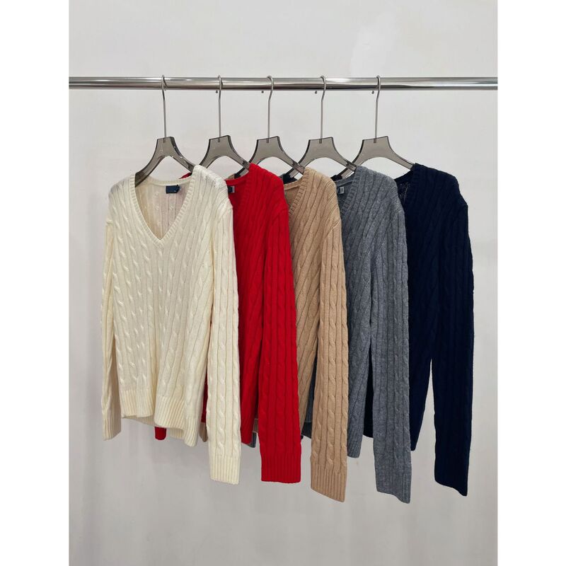 80% Wool 20% Cashmere Ruffle Rl Pony Embroidered Knit Sweater Women's V-Neck Long-Sleeve Casual Style Women's Clothing 3D