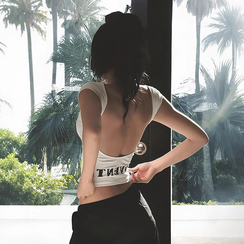 American-Style White Spicy Girl Short-Sleeve T-Shirt for Women, Summer French-Style Cinched Waist Tight High-Waisted Backless Crop Top American-Style White Spicy Girl Short-Sleeve T-Shirt for Women, Summer French-Style Cinched Waist Tight High-Waisted Backless Crop Top