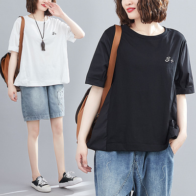 夏季文艺刺绣褶皱拼接短袖T恤女胖mm遮肚遮肉显瘦蓬松下摆上衣