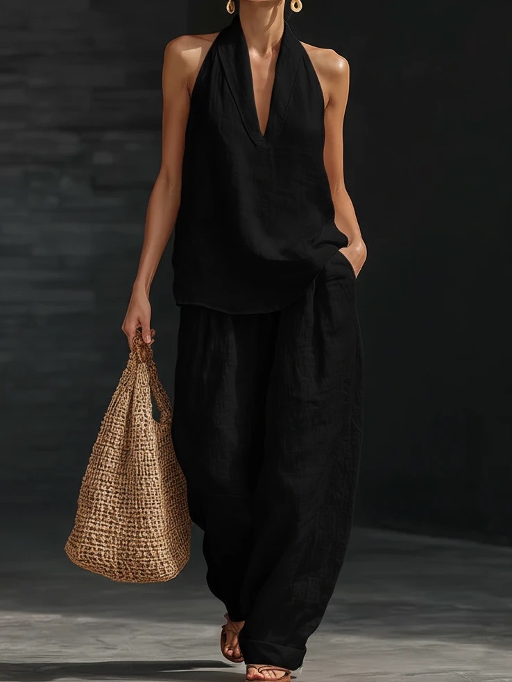 Women's Linen Two-Piece Set Vest And Camisole Office Casual Summer Outfit Breathable Comfort_ecoleips.com