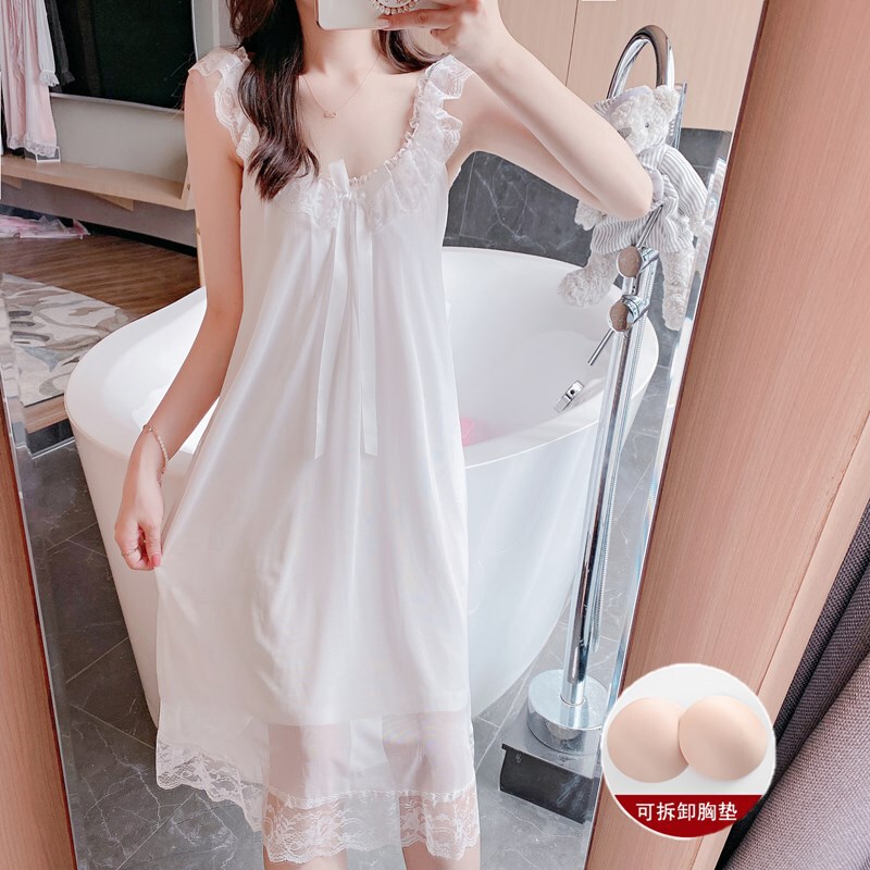 Suspender Nightgown for Women Summer Thin Sexy Princess Palace Style with Breast Pads Large Size Pregnant Women Loose Ice Silk Pajamas for Women